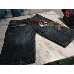 7th 38 Denim Shorts Heavy-graphic Embroidered design streetwear Y2K Hip-hop